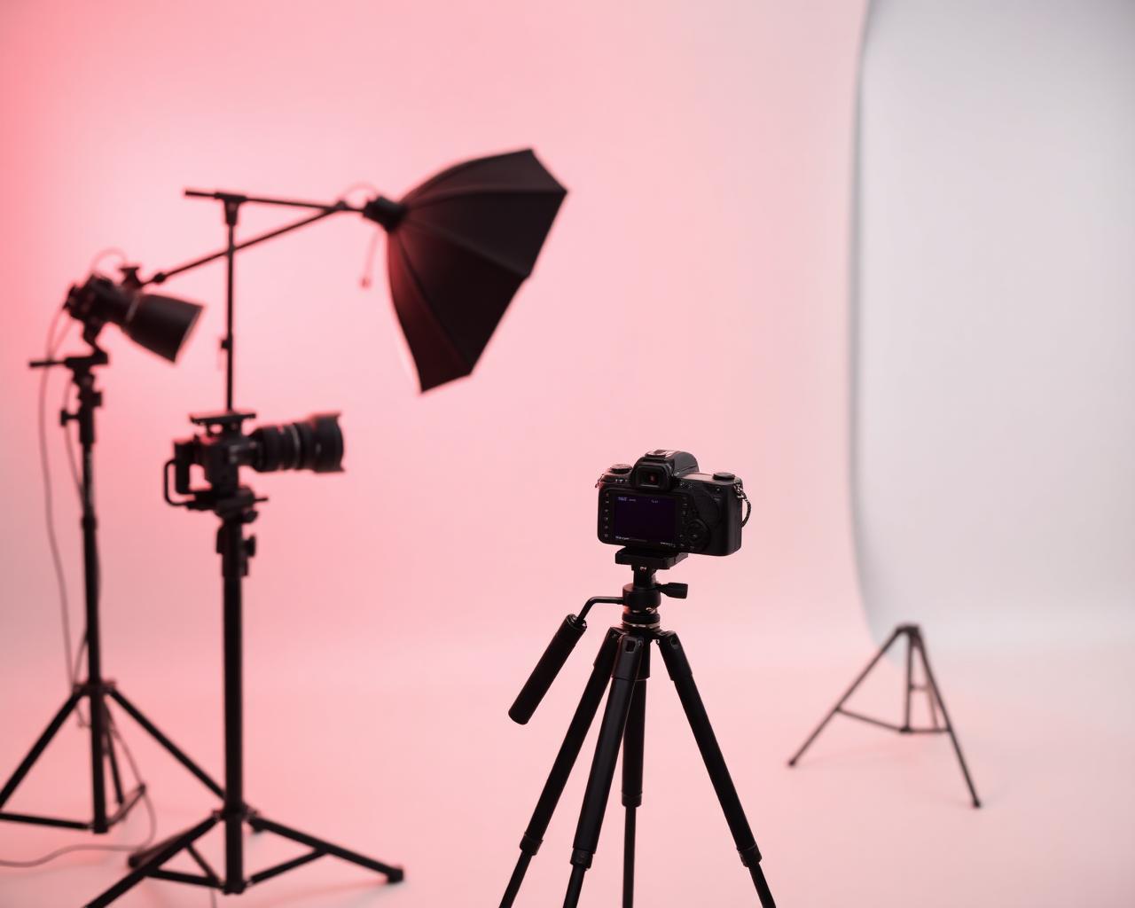 Estúdio de fotografia profissional com câmera em tripé e iluminação em fundo rosa